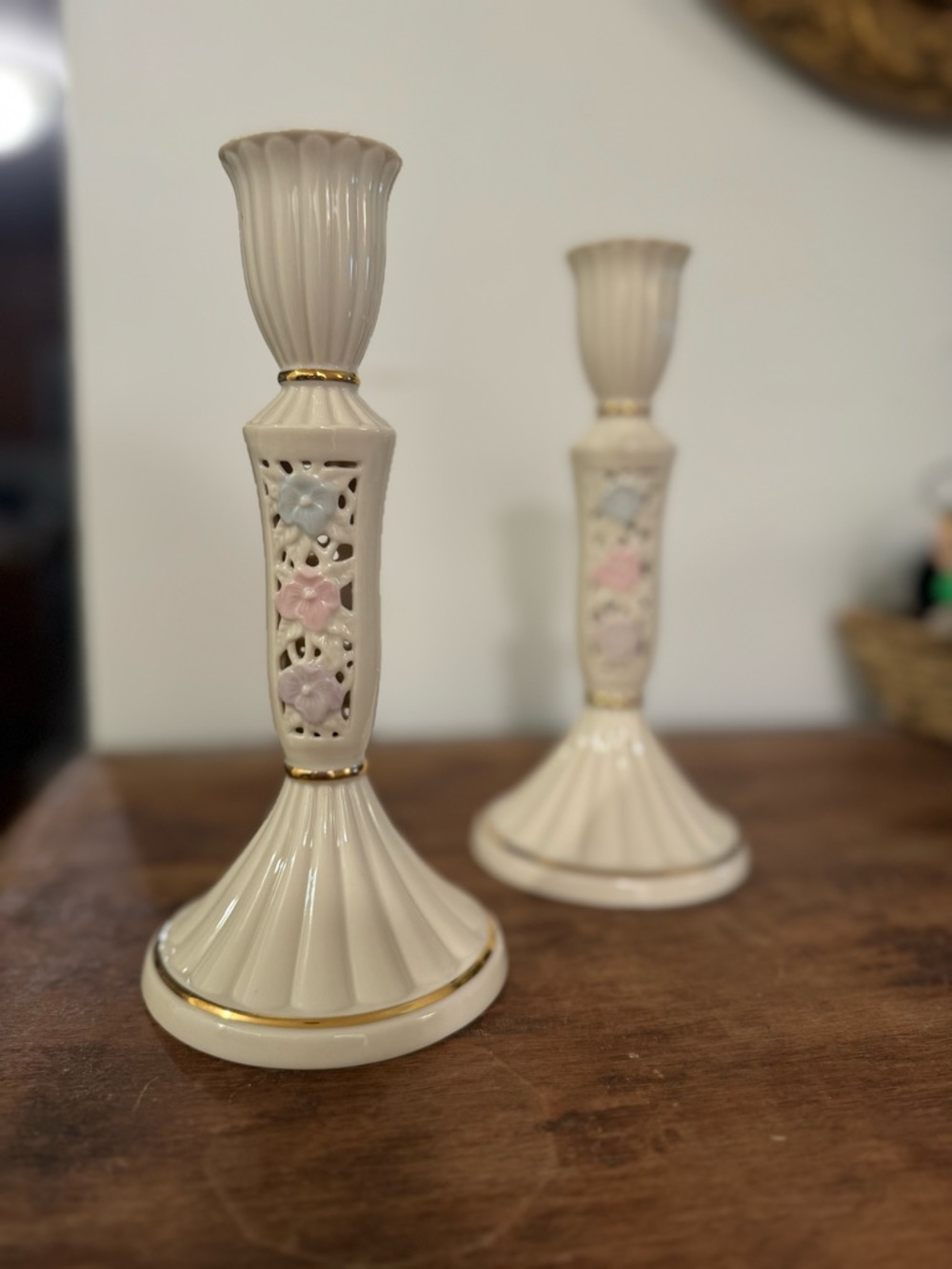 Vintage Cream Ceramic Candlestick Pair with Pastel Floral Accents